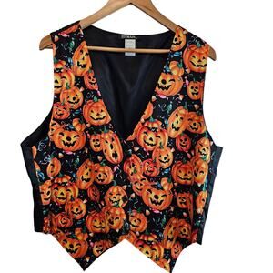Vintage Halloween Vest Womens 1X Black Pumpkins 90s Whimsygoth Fall Party Retro